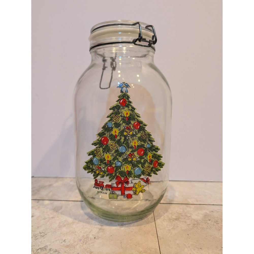 Vintage‎ Carlton Glass 3L Sabin Christmas Tree Cookie Jar USA Hermetic Wire Bail